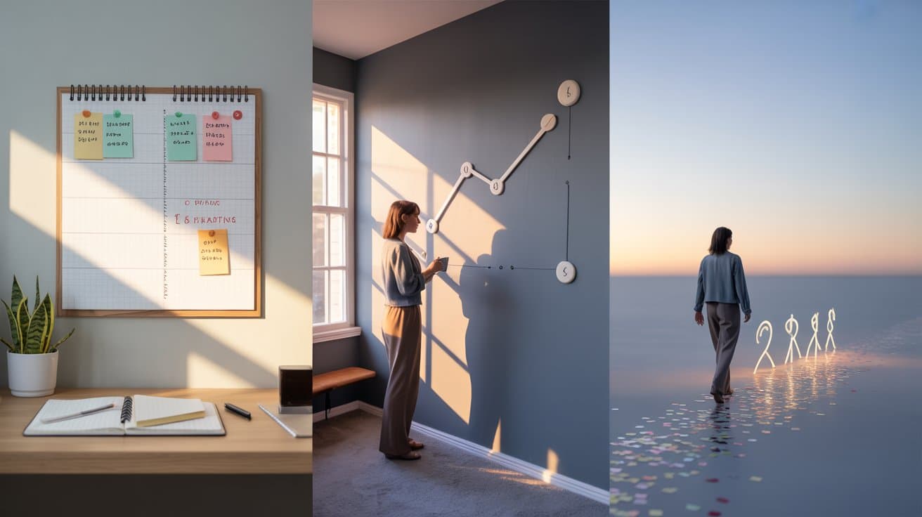 Três pilares conectados por um caminho ascendente: organização, planejamento e realização